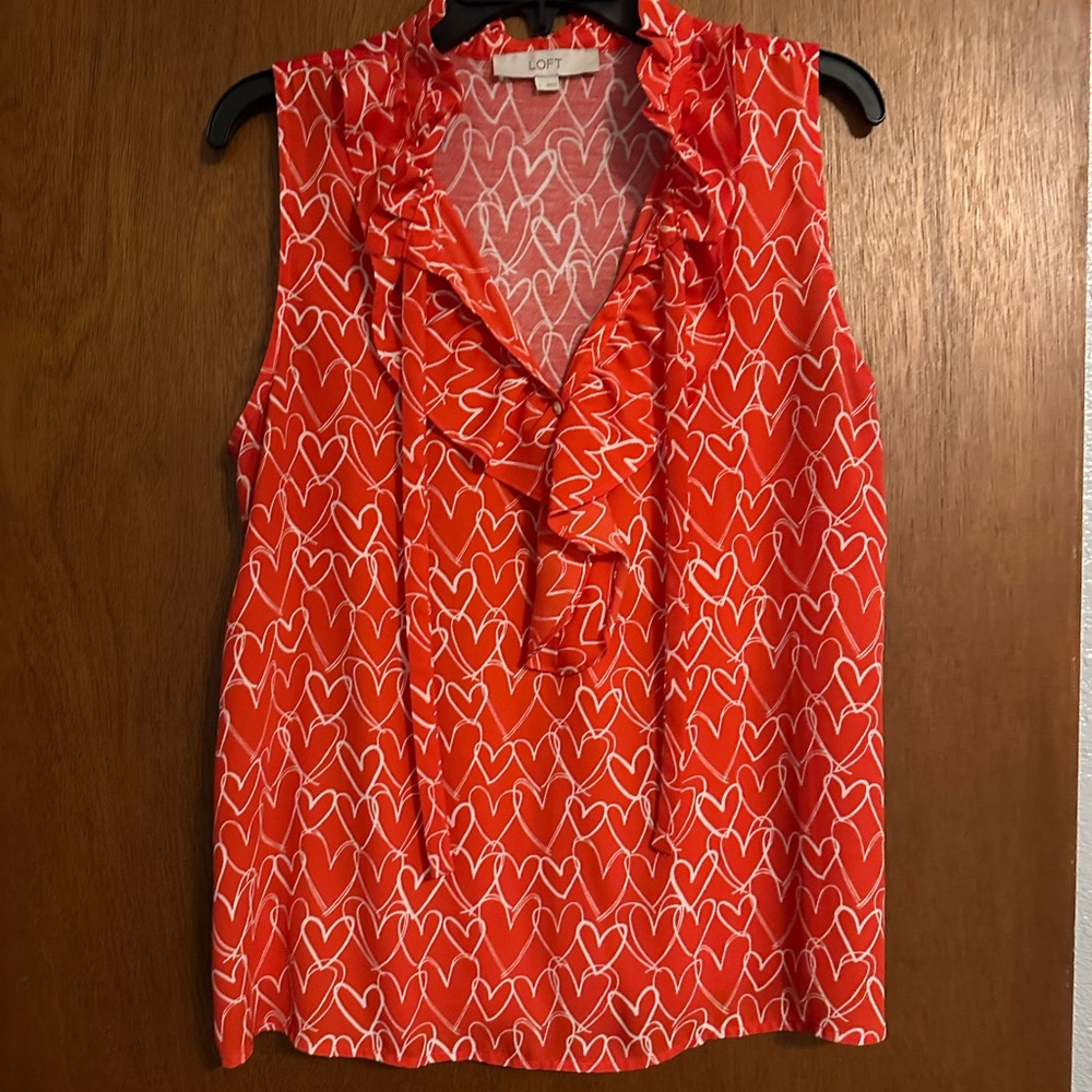 LOFT Red and White Heart Print Ruffle Blouse